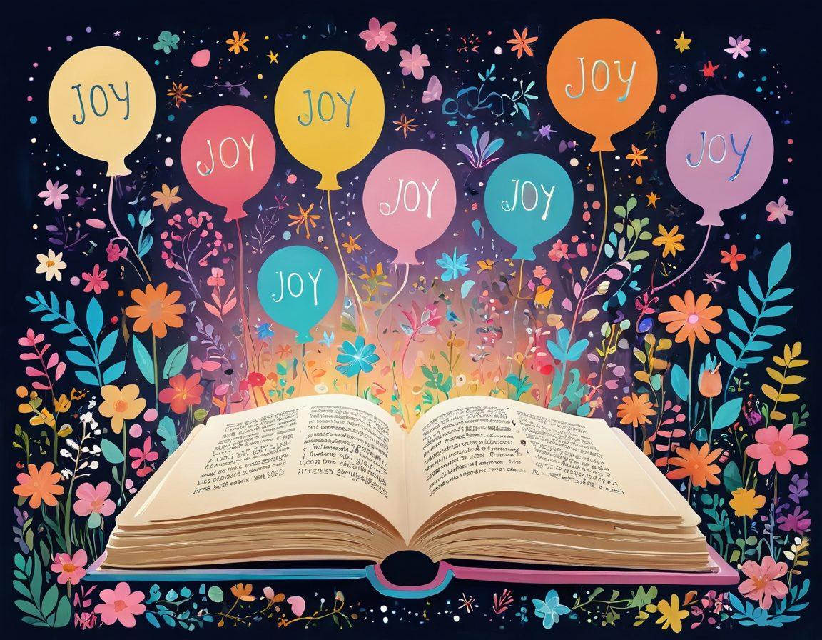 An enchanting illustration featuring a whimsical book overflowing with colorful, glowing words representing joy and laughter, surrounded by playful characters engaging in merry conversations. Soft pastel colors and lively expressions create an atmosphere of delight, with whimsical speech bubbles floating around. The background shows a quaint garden filled with flowers and twinkling fairy lights. vector art. vibrant colors. playful atmosphere.