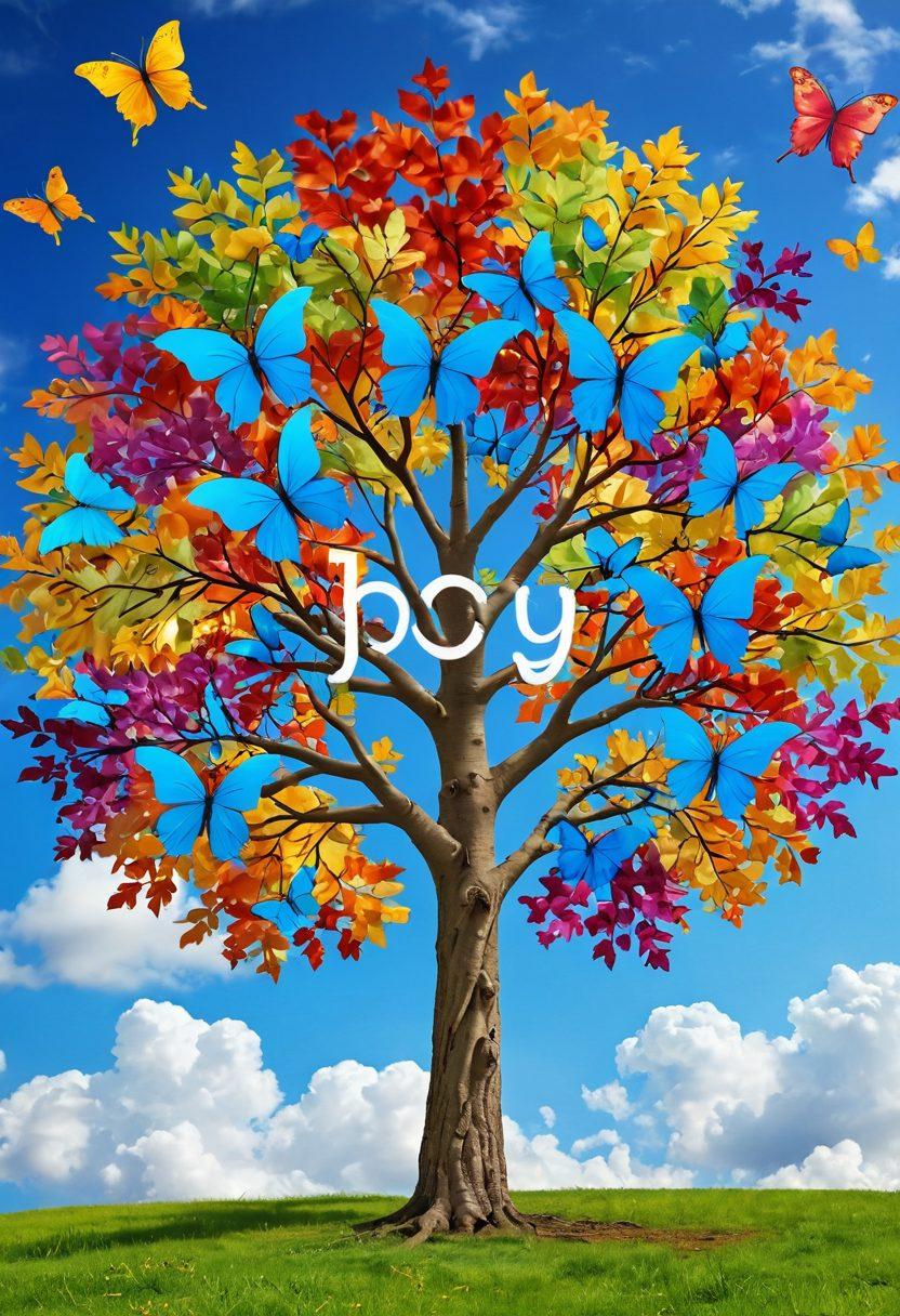 A vibrant tree with colorful leaves symbolizing joy, with branches adorned with joyful words, surrounded by playful butterflies representing synonyms and antonyms. The background features a bright blue sky with fluffy clouds. Focus on a lively, uplifting atmosphere. super-realistic. vibrant colors. white background.