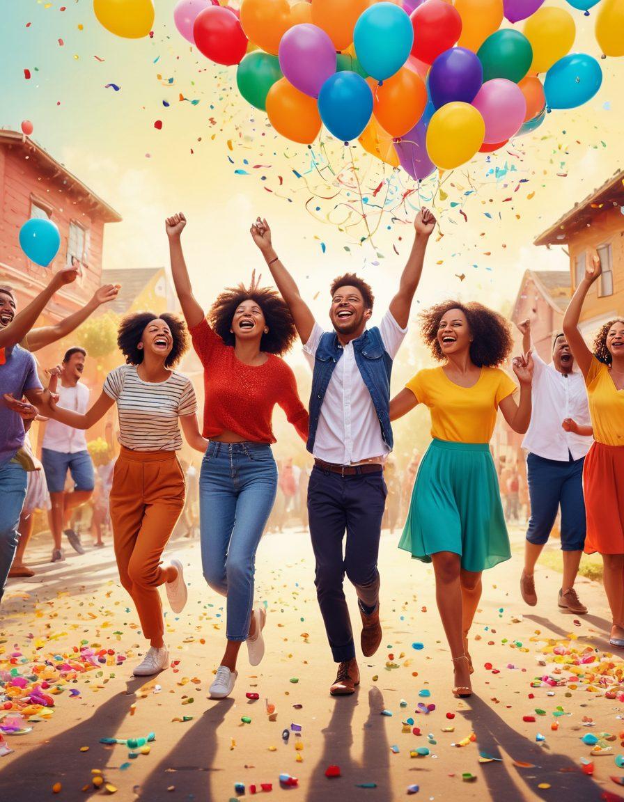 A whimsical scene portraying a diverse group of people expressing joy through laughter, dance, and vibrant colors, surrounded by playful elements like balloons, confetti, and smiles. Include cheerful quotes floating in the air, illuminated by warm sunlight. The background features a colorful landscape, symbolizing happiness and delight. cartoonish style. bright, vivid colors. playful atmosphere.